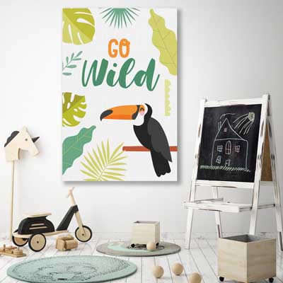 Go Wild is a nursery canvas wall art and print suited for childrens nursery area