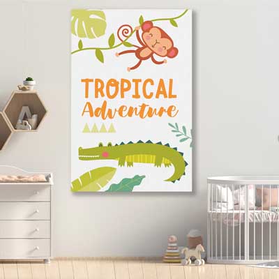 Tropical Adventure is a nursery canvas wall art and print suited for childrens nursery area