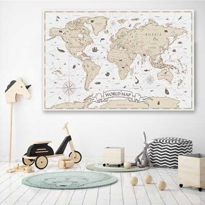 Education Map is a nursery canvas wall art and print suited for childrens nursery area