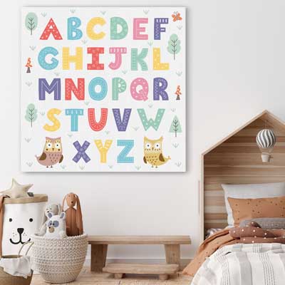 Alphabet Colours is a nursery canvas wall art and print suited for childrens nursery area