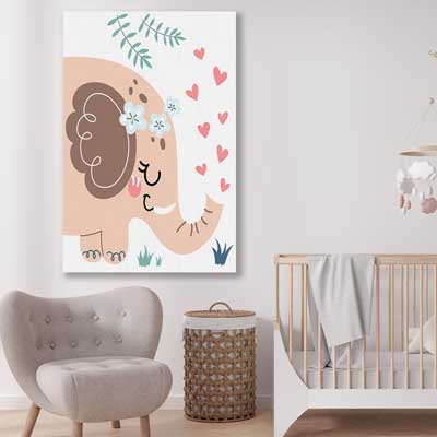 Loving Elephant is a nursery canvas wall art and print suited for childrens nursery area