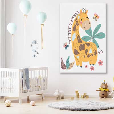 Cheerful Giraffe is a nursery canvas wall art and print suited for childrens nursery area