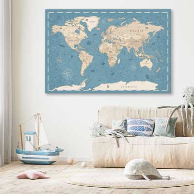 Education Map Blue is a nursery canvas wall art and print suited for childrens nursery area