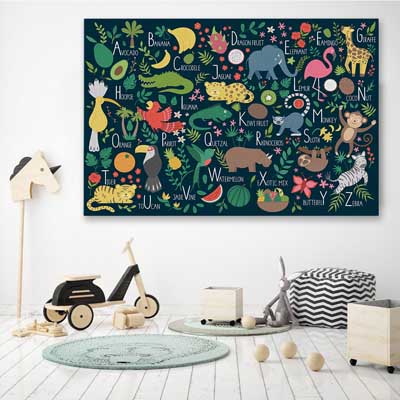 Tropical Alphabet is a nursery canvas wall art and print suited for childrens nursery area