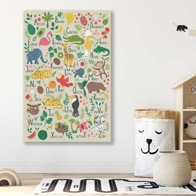 Tropical Alphabet Light is a nursery canvas wall art and print suited for childrens nursery area