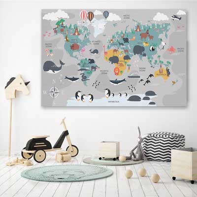 Cartoon World Map is a nursery canvas wall art and print suited for childrens nursery area