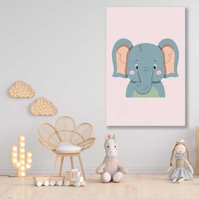 Friendly Elephant is a nursery canvas wall art and print suited for childrens nursery area
